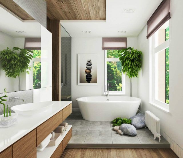 salle de bain avec plantes vertes