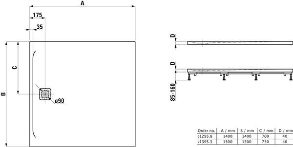 Douchebak Vierkant Laufen PRO zijafvoer 1400x1400x40mm Lichtgrijs