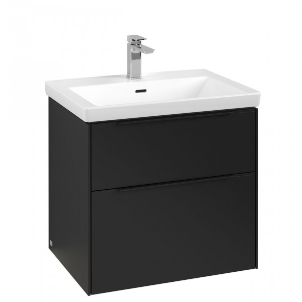 Villeroy & Boch Subway 3.0 wastafelonderkast 65x55x45cm met Volcano Black greep 2 softclose lades met LED verlichting 1 sifonuitsparing spaanplaat volcano black c576l1vl