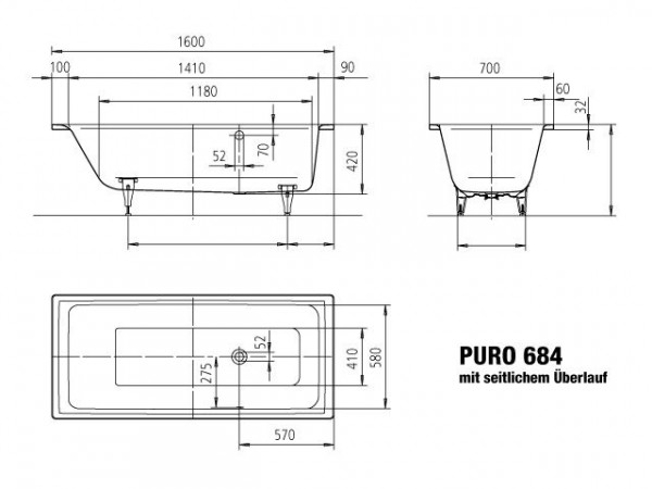 Kaldewei Standaard Bad met zijoverloop model 684 Puro (258427090)