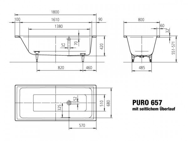 Kaldewei Standaard Bad met zijoverloop model 657 Puro (256727060)