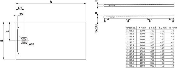 Douchebak Rechthoekig Laufen PRO korte zijde ontlading 1400x700x38mm Wit