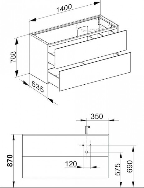 Wastafel Onderkast Keuco Edition 11 2 laden, Met licht, Wastafel rechts 1400x700x535mm Glanzend Wit