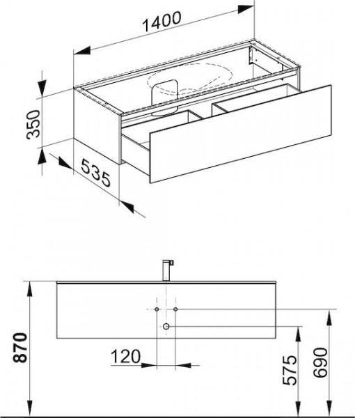 Wastafel Onderkast Keuco Edition 11 1 lade, Centrale wastafel 1400x350x535mm Mat Wit