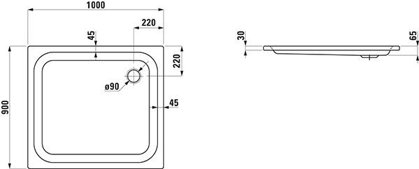 Douchebak Rechthoekig Laufen PLATINA zijafvoer 1000x900x65mm Wit