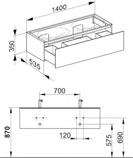 Wastafel Onderkast Keuco Edition 11 1 laden, Dubbele wastafel 1400x350x535mm Glanzend Wit