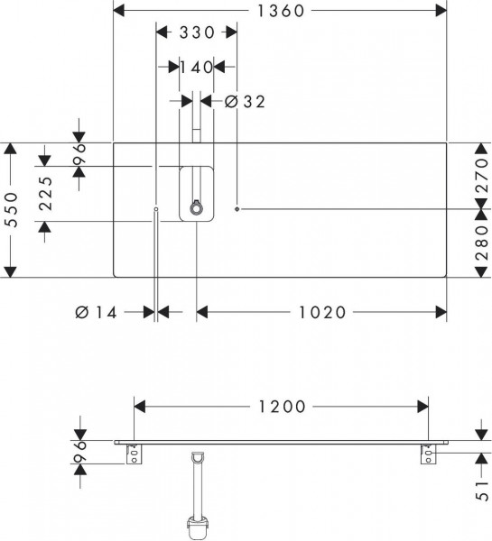 Wastafelblad Hansgrohe Xelu Q 1 gat links voor wastafel van 225 mm 1360x550mm Glanzend Wit