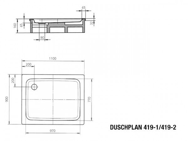 Kaldewei Duschplan douchebak plaatstaal 90x110x6.5 rechthoekig met Styropordrager wit 431948040001