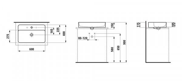 Opbouw Wastafel Laufen VAL 3 gaten 400x150x600mm Mat Wit