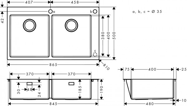 Hansgrohe S712-F765 Ingebouwde spoelbak 370/370mm S71 (43311800)