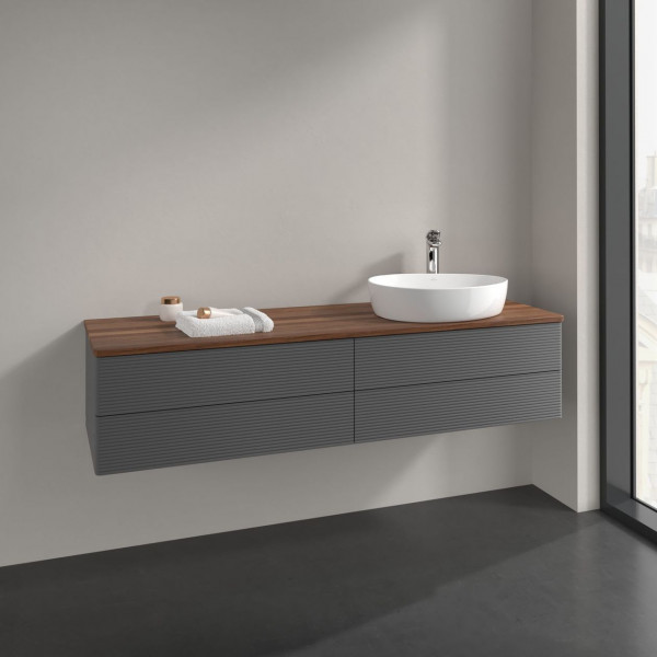 Meuble Pour Vasque à Poser Villeroy et Boch Antao à droite avec Structure, Lumière 1 trou 4 tiroirs 1600x360x500mm Anthracite Matt Laquered/Warm Walnut