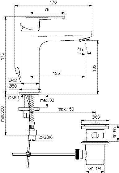 1 Gats Mengkraan Ideal Standard Cerafine O met trekkoord en afvoerset125mm Chroom