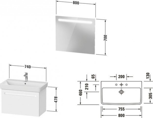 Badkamermeubel Set Duravit No.1 Onderkast, Wastafel, Spiegel 800mm, Interne lade Mat Wit