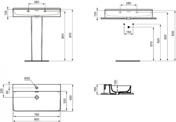 Ideal Standard Hangende Wastafel CONCA geslepen, 1 gat met overloop 800x165x450mm Wit