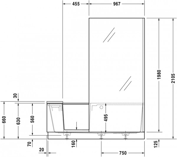 Bad Douche Combinatie Duravit Shower and Bath, Rechts 1700x750mm Wit