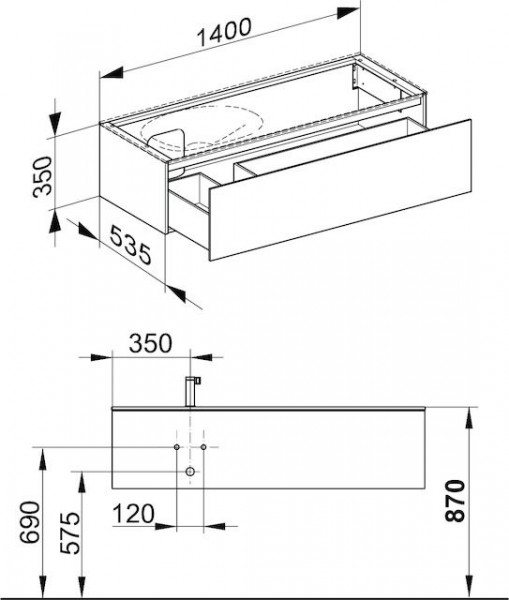 Wastafel Onderkast Keuco Edition 11 1 lade, Wastafel links 1400x350x535mm Licht Eikenkleurig