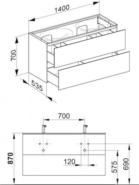 Wastafel Onderkast Keuco Edition 11 2 laden, Met licht, Dubbele wastafel 1400x700x535mm Mat Wit