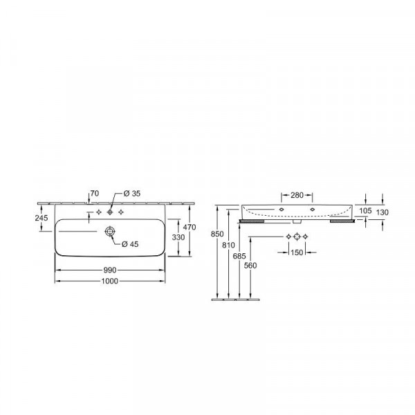 Villeroy & Boch Finion wastafel onderzijde geslepen 1 kraangat 100x47cm Ceramic+ met verdekte overloop stone white 41681BRW