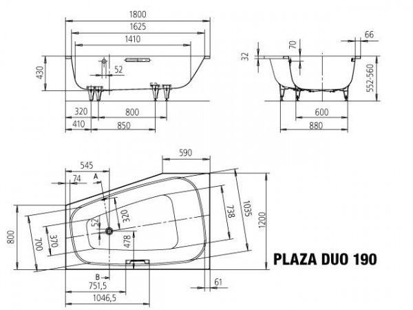 Kaldewei Hoekbad rechts model 190 Plaza Duo (237000010)