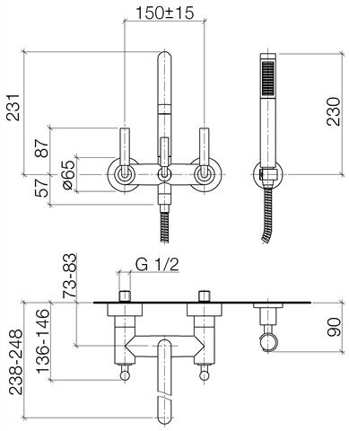 Dornbracht Mengkraan Bad Tara. 3 Gaten met doucheafwerking 240mm