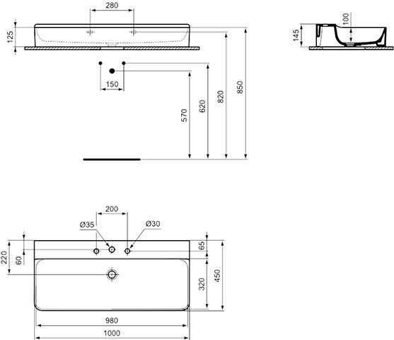 Ideal Standard Hangende Wastafel CONCA geslepen, 3 Gaten 1000x145x450mm Wit