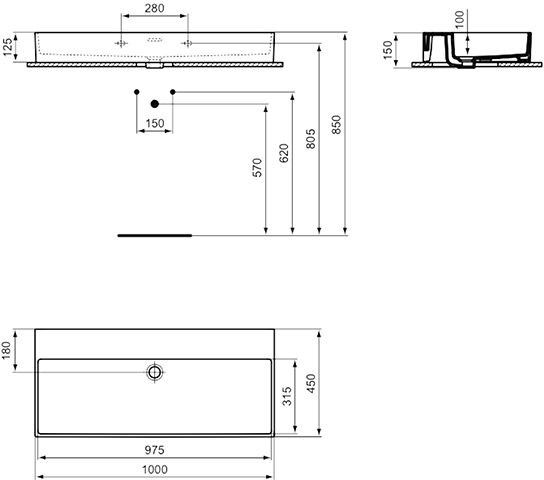 Ideal Standard Hangende Wastafel EXTRA geslepen, met overloop 1000x150x450mm Wit