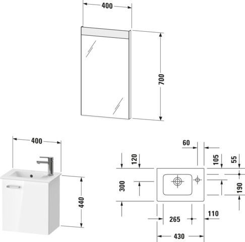 Badkamermeubel Set Duravit XBase Onderkast, Wastafel, Spiegel Linker uitvoering Grafiet Mat