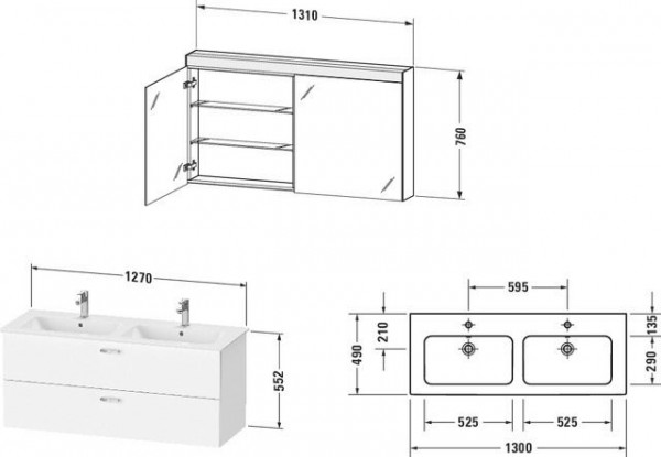 Badkamermeubel Set Duravit XBase Wastafelonderkast, Dubbele wastafel, Spiegelkast 1300mm Glanzend...