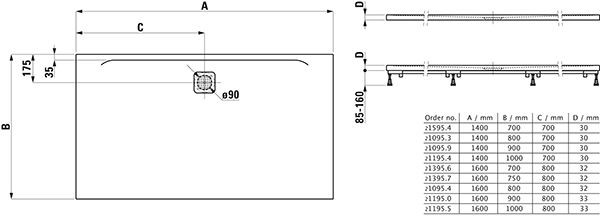 Douchebak Rechthoekig Laufen PRO lange zij-uitworp 1600x800x32mm Zwart