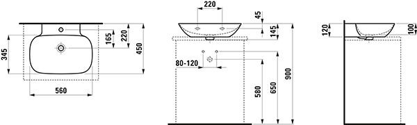 Opbouw Wastafel Laufen INO 1 gat, overloop 450x145x560mm Mat Wit