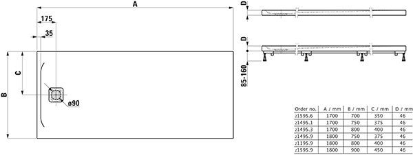 Douchebak Rechthoekig Laufen PRO korte zijde ontlading 1700x700x46mm Betongrijs