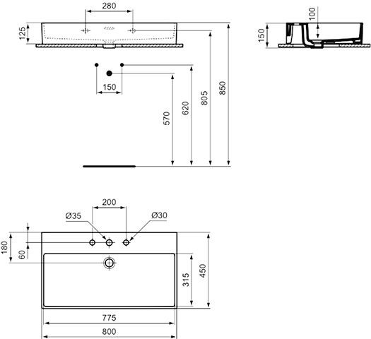 Ideal Standard Hangende Wastafel EXTRA geslepen, 3 Gaten met overloop 800x150x450mm Wit