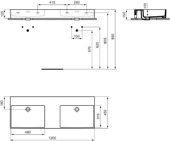 Ideal Standard Dubbele Wastafel EXTRA geslepen, met overloop IdealPlus 1200x150x450mm Wit Ideal +