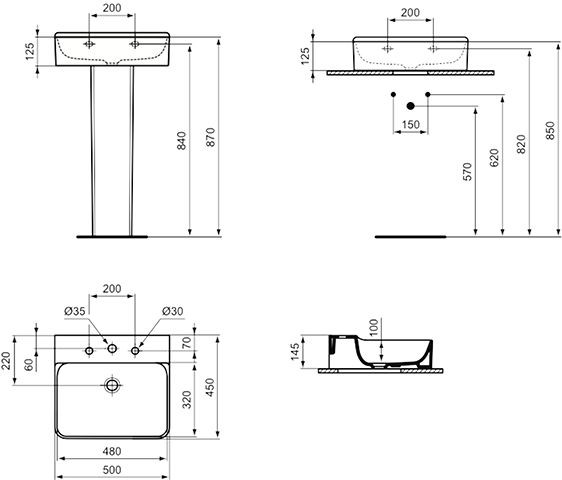 Ideal Standard Hangende Wastafel CONCA 3 Gaten 500x145x450mm Wit