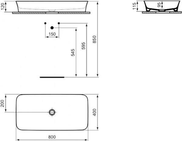 Ideal Standard Opbouw Wastafel IPALYSS 800x120x400mm Wit Zijden