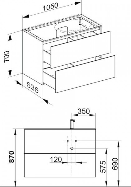 Wastafel Onderkast Keuco Edition 11 2 laden, Wastafel rechts 1050x700x535mm Truffel