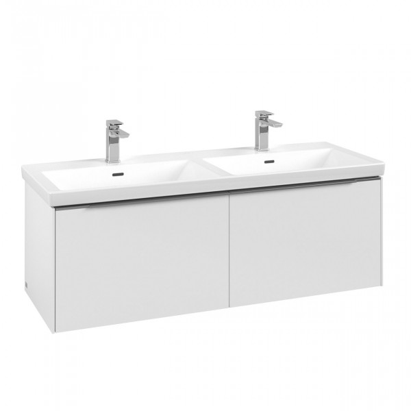 Villeroy & Boch Subway 3.0 wastafelonderkast 130x40x45cm met aluminium glanzende greep 2 sifonuitsparingen links en rechts spaanplaat Pure White C56700VF