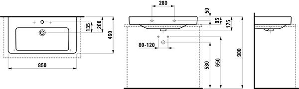 Opbouw Wastafel Laufen PRO S 1 gat, overloop 460x175x850mm Wit