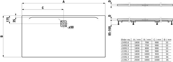 Douchebak Rechthoekig Laufen PRO lange zij-uitworp 1800x700x33mm Betongrijs