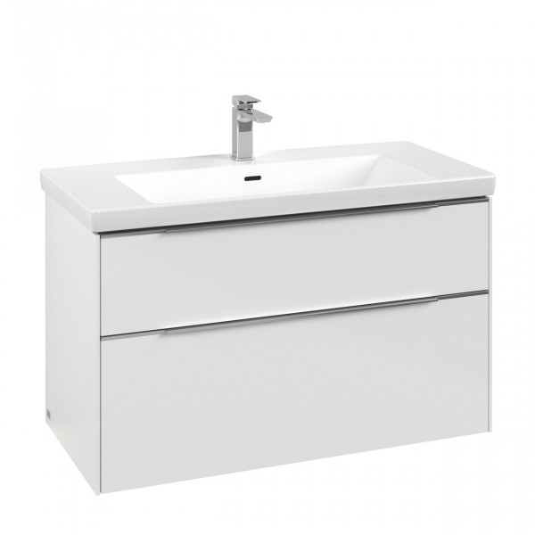 Villeroy & Boch Subway 3.0 wastafelonderkast 100x55x45cm met aluminium glanzende greep met LED verlichting 1 sifonuitsparing spaanplaat Brilliant White C570L0VE