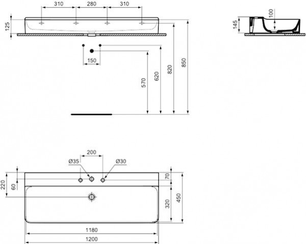 Ideal Standard Hangende Wastafel CONCA geslepen, 3 Gaten 1200x145x450mm Wit