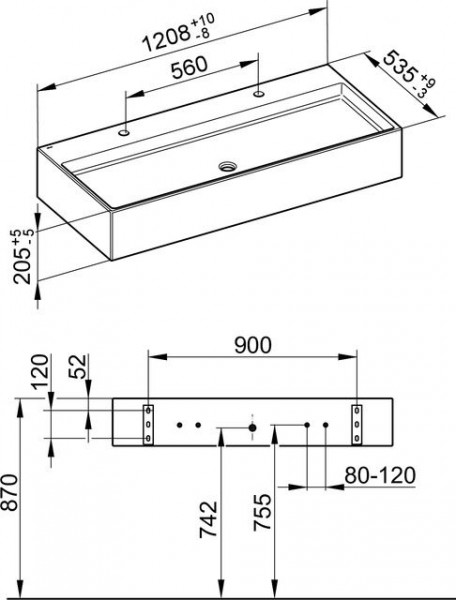 Dubbele Wastafel Keuco Edition 90, 2 gaten, 1208x205x535mm, Keramiek Grijze Lei