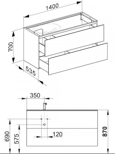 Wastafel Onderkast Keuco Edition 11 2 laden, Wastafel links 1400x700x535mm Eik Tabak