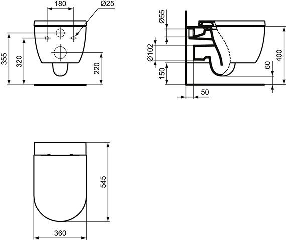 Ideal Standard Hangend Toilet BLEND CURVE AQUABLADE 360x545x340mm