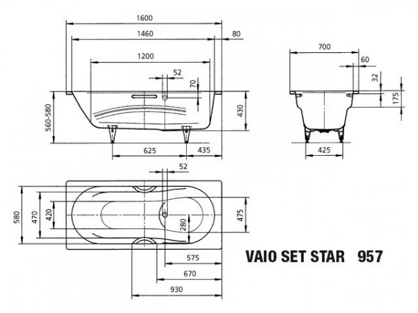 Kaldewei Standaard Bad model 957 met zijoverloop Vaio Set Star Alpenwit (233723000)