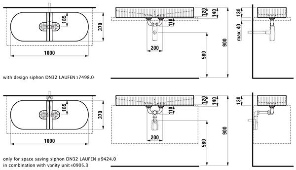 Opbouw Wastafel Laufen SONAR 370x140x1000mm Mat Wit