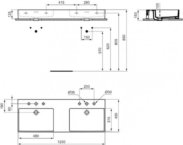 Ideal Standard Dubbele Wastafel EXTRA 2x3 gaten met overloop IdealPlus 1200x150x450mm Wit Ideal +