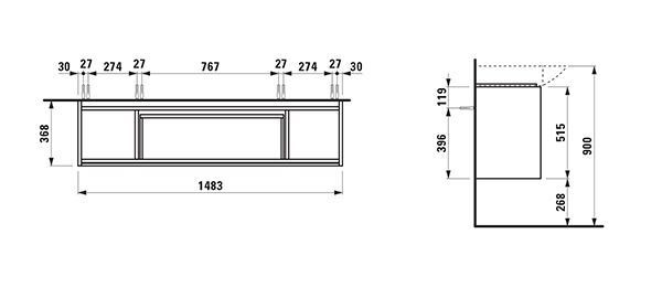 Wastafelmeubel Voor Opzet Waskom Laufen LANI 2 lades 2 deuren voor Palace 368x1483x515mm Wilde eik