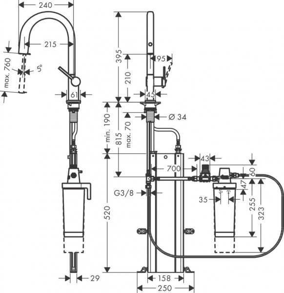 Waterfilter Keukenkraan Hansgrohe Aqittura M91 handdouche, sBox, Starter Set roestvrij stalen afw...