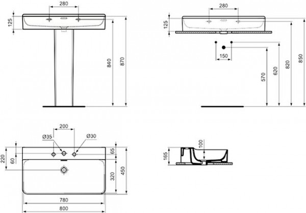 Ideal Standard Hangende Wastafel CONCA 3 Gaten met overloop 800x165x450mm Wit